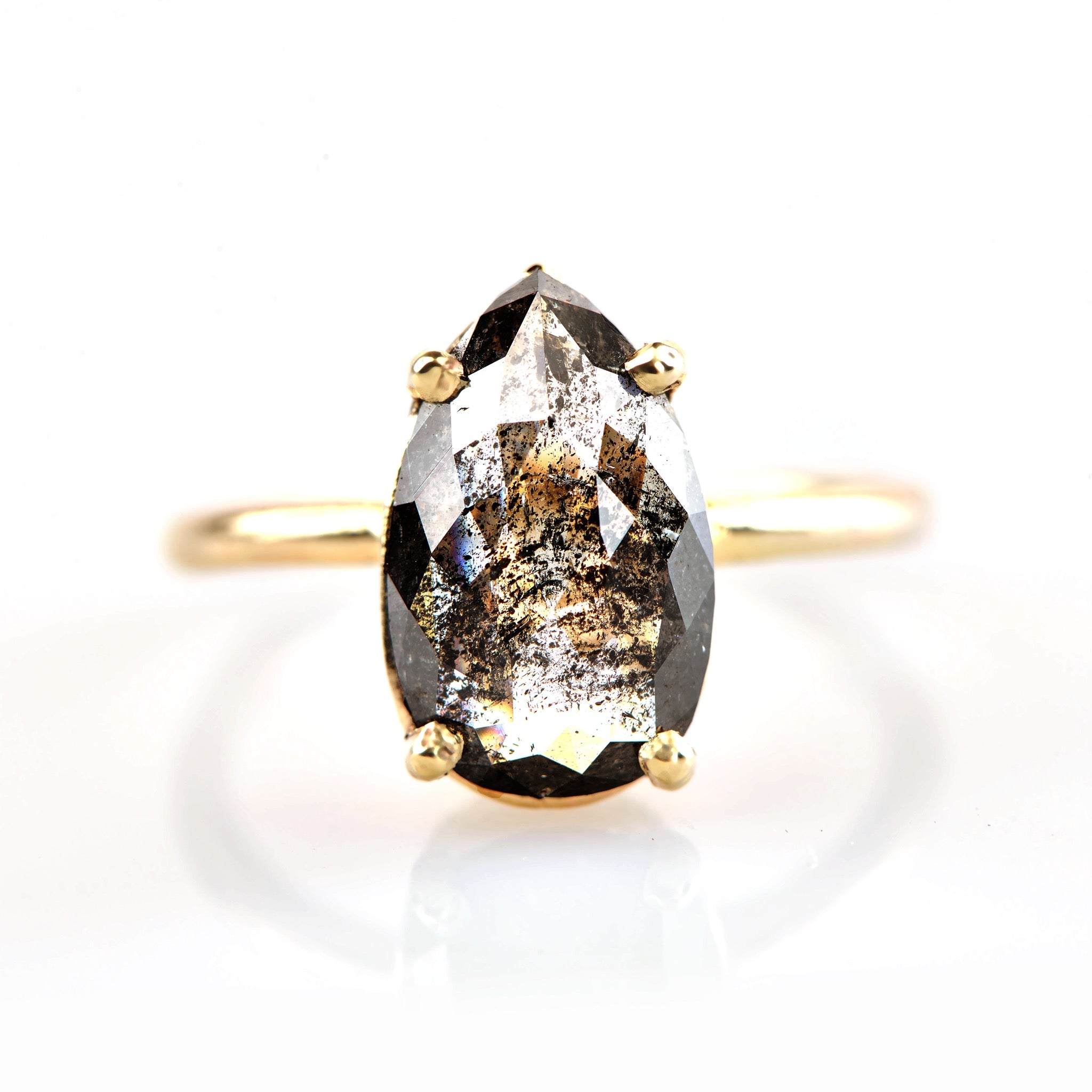 Luna | Salt & Pepper Pear Diamond Thin Delicate Recycled 14k Gold Band Engagement Ring - MTD
