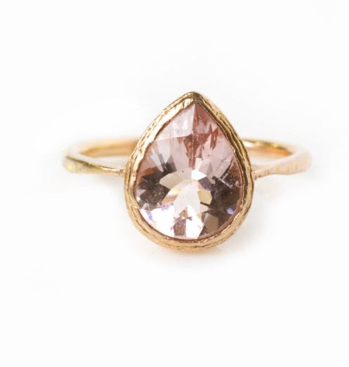 Pink Rose | Pear Pink Morganite Engagement Ring in Hammered 14k Rose Gold - Melissa Tyson Designs