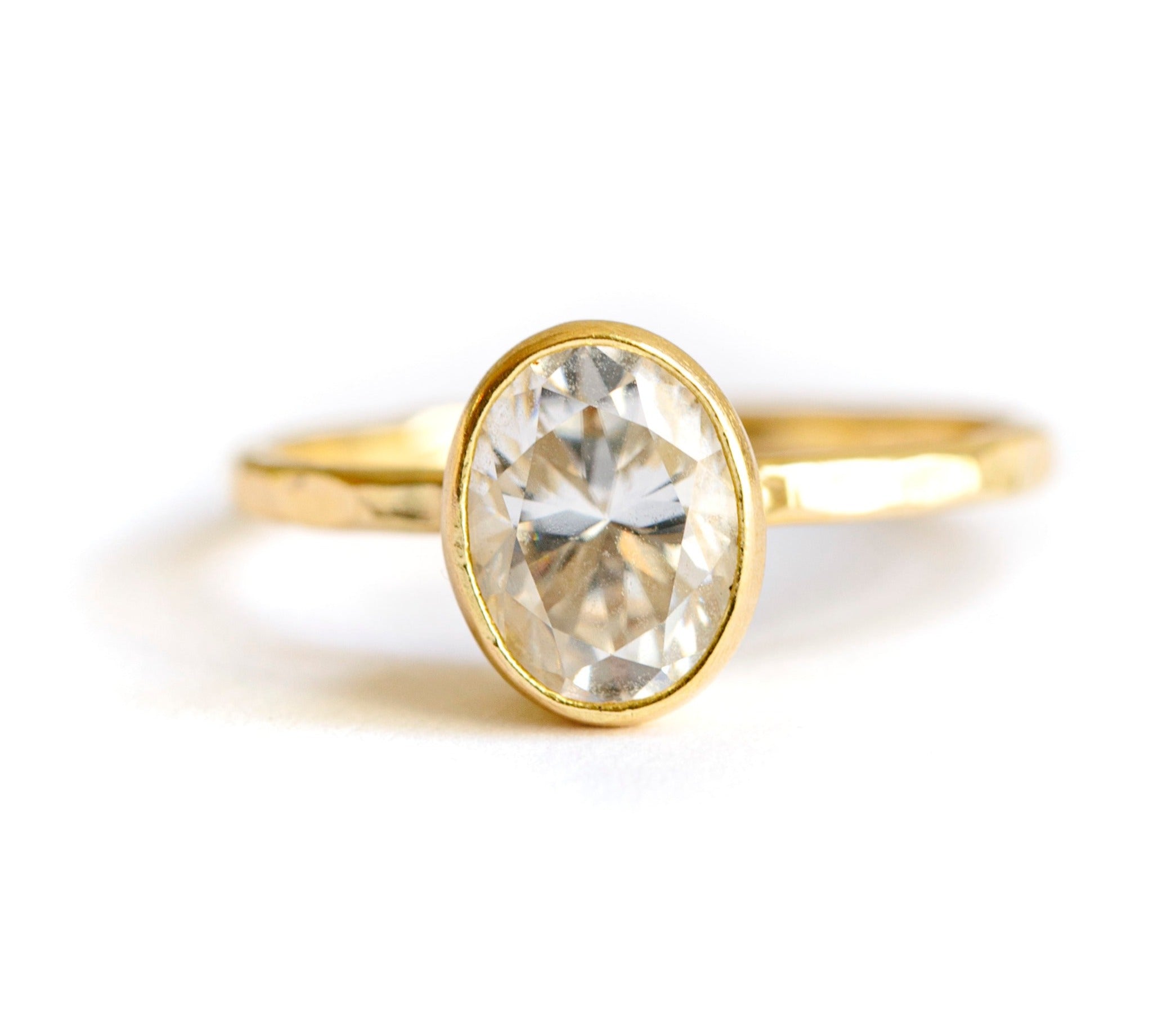 Katrina Oval Moissanite Engagement Ring | Bezel Set Oval Moissanite Engagement Ring Hammered 18k Gold - Melissa Tyson Designs