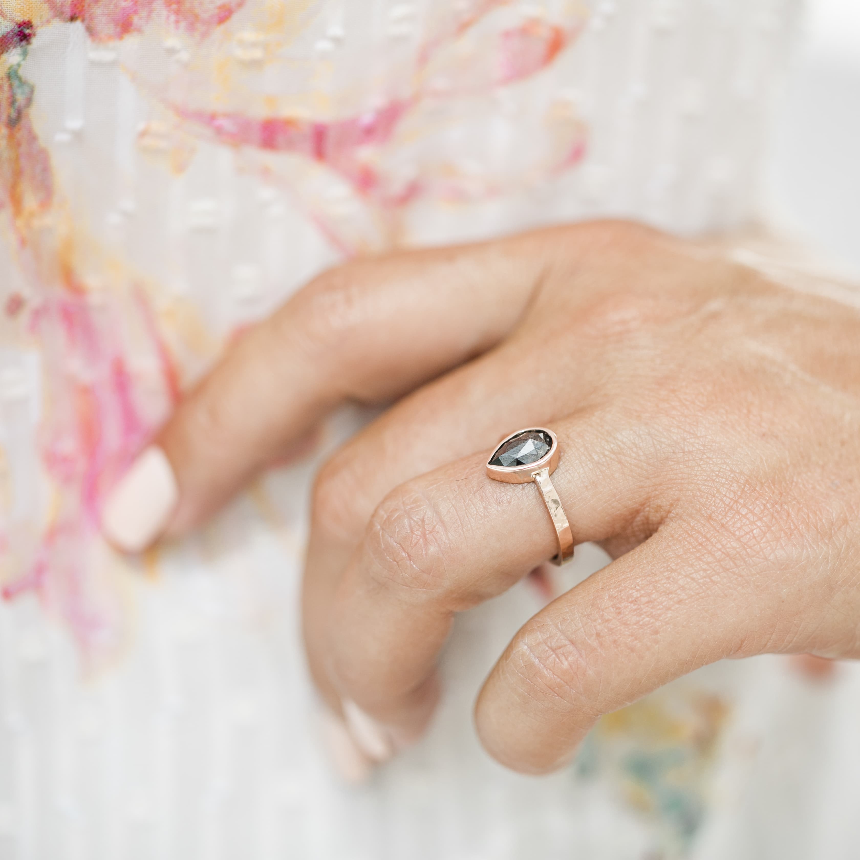 Zoe | Salt and Pepper Pear Diamond Engagement Ring Hammered 14k Rose ...