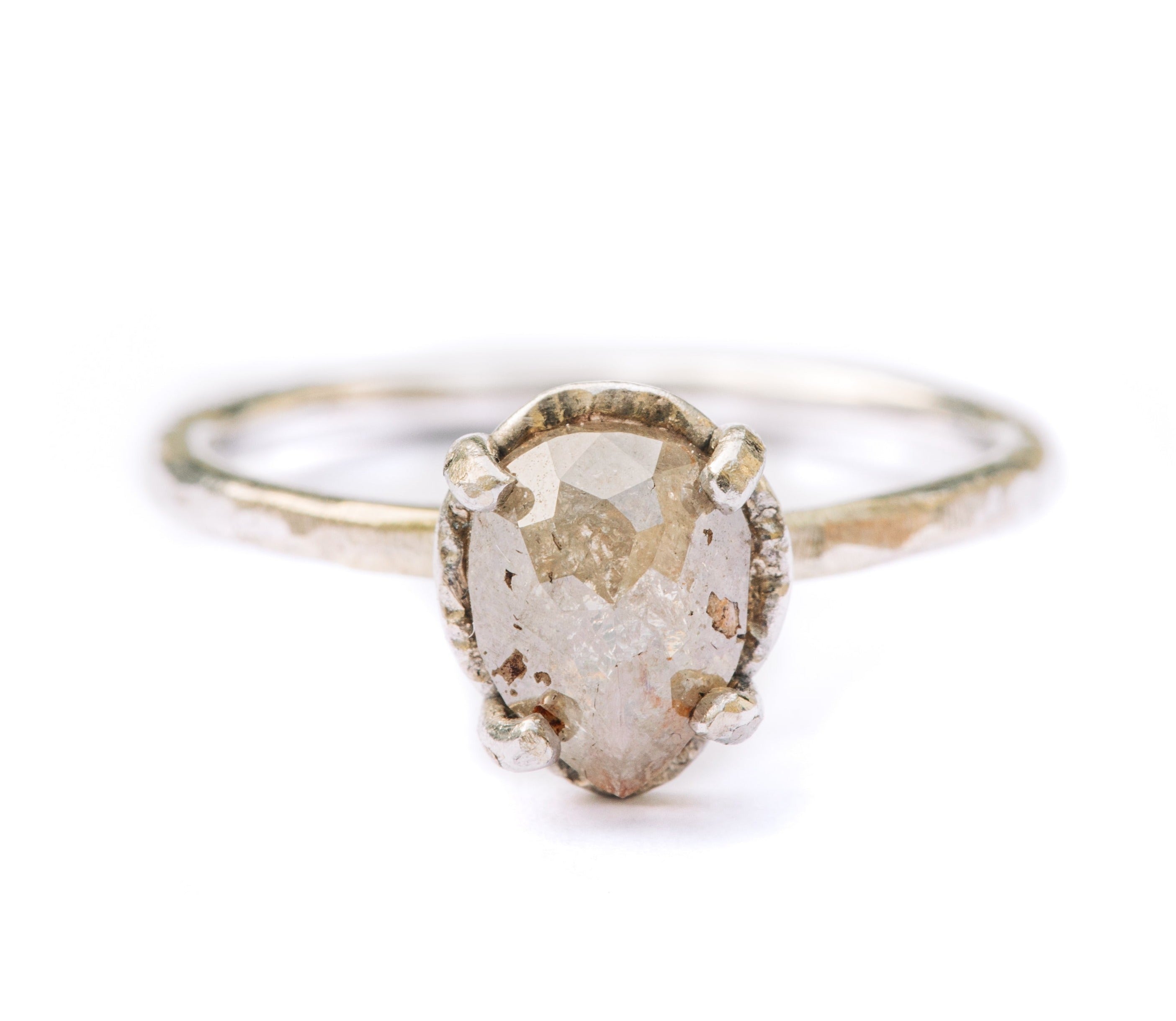 Morning Dew | Salt and Pepper Pear Engagement Ring Hammered Halo 14k ...
